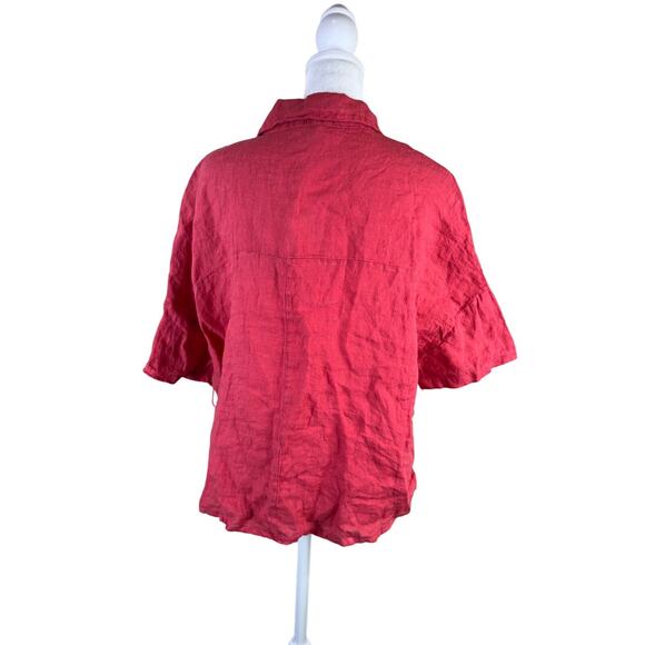 LAURA GOTTI Italian Red 100% Linen Button Down Short Sleeve Shirt S Oversized - Picture 2 of 12